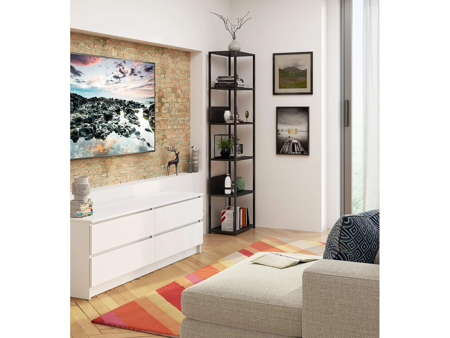 Bücherregal AKORD Metallregal mit Holzwerkstoff-Ebenen Schwarz Breite 50 cm 6 Ebenen B50 x H192 x T32 cm