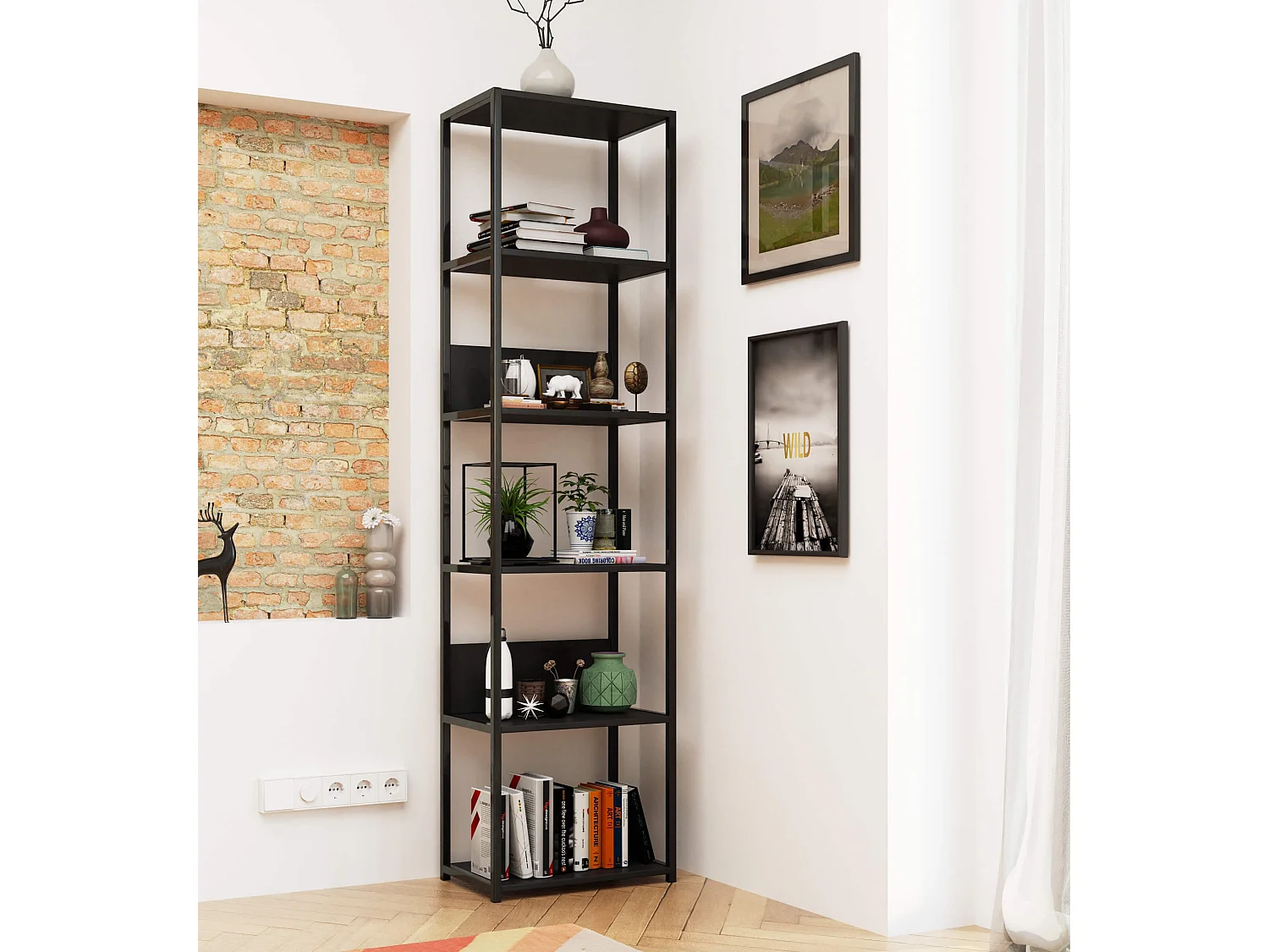Bücherregal AKORD Metallregal mit Holzwerkstoff-Ebenen Schwarz Breite 50 cm 6 Ebenen B50 x H192 x T32 cm