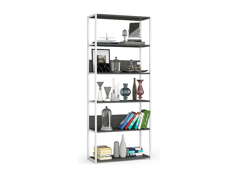 Bücherregal AKORD Metallregal mit Ebenen aus Holzwerkstoff Weiß Breite 80 cm 6 Ebenen Grau B80 x H192 x T32 cm