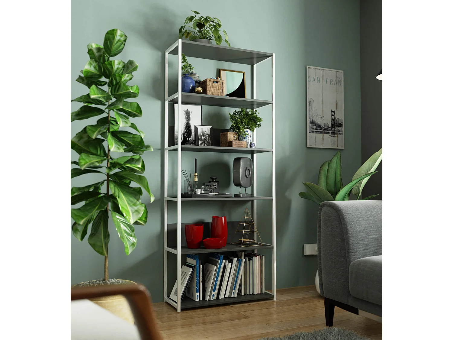 Loft Stijl Metalen Boekenkast - Wit/Grijs - 80 cm Breed - 6 Vakken