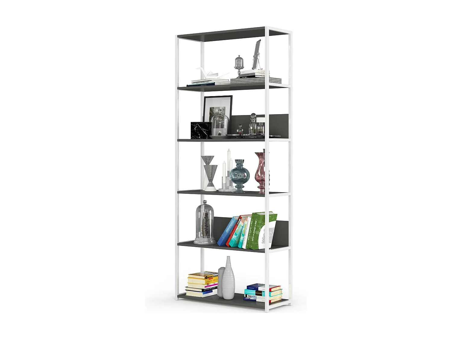 Open Boekenkast, Ladderkast, Loft Design / Metalen Vakkenkast met 6 Planken / Opbergplank / Boekenrek Opslagrek / Wit - Grafietgrijs / 80 x 192 x 32 cm