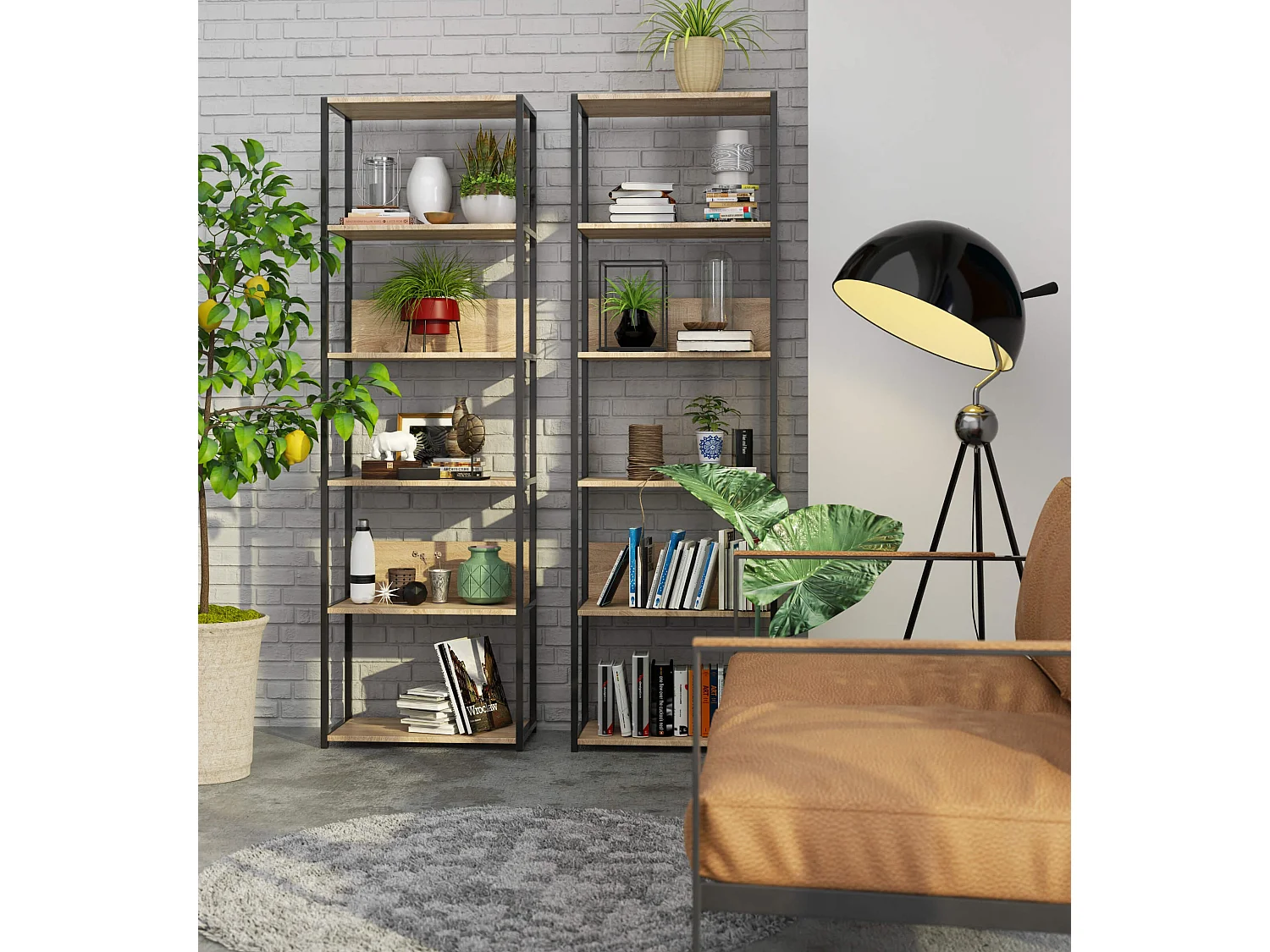Loft Stijl Metalen Boekenkast 60 cm - Zwart en Sonoma Eiken - 6 Planken
