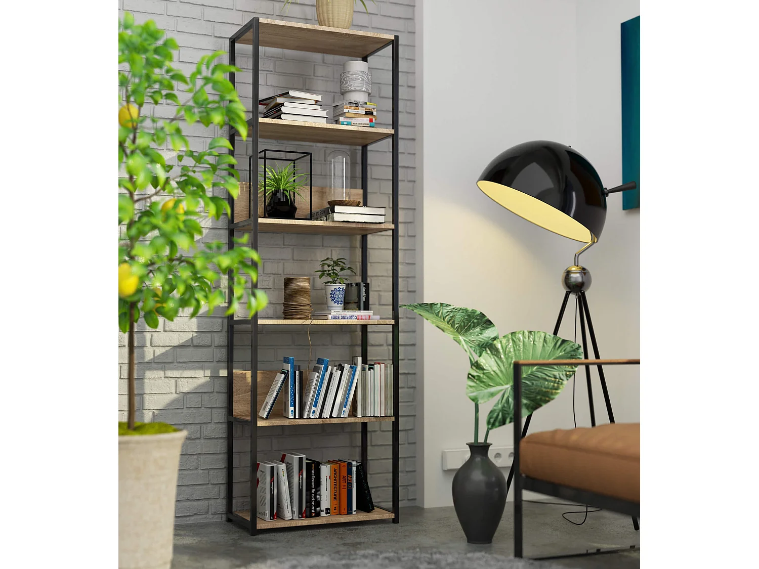 Loft Stijl Metalen Boekenkast 60 cm - Zwart en Sonoma Eiken - 6 Planken