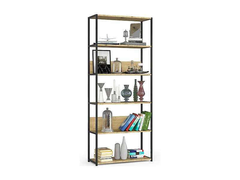 Bücherregal AKORD Metallregal mit Ebenen aus Holzwerkstoff Schwarz Breite 80 cm 6 Ebenen Eiche Artisan B80 x H192 x T32 cm