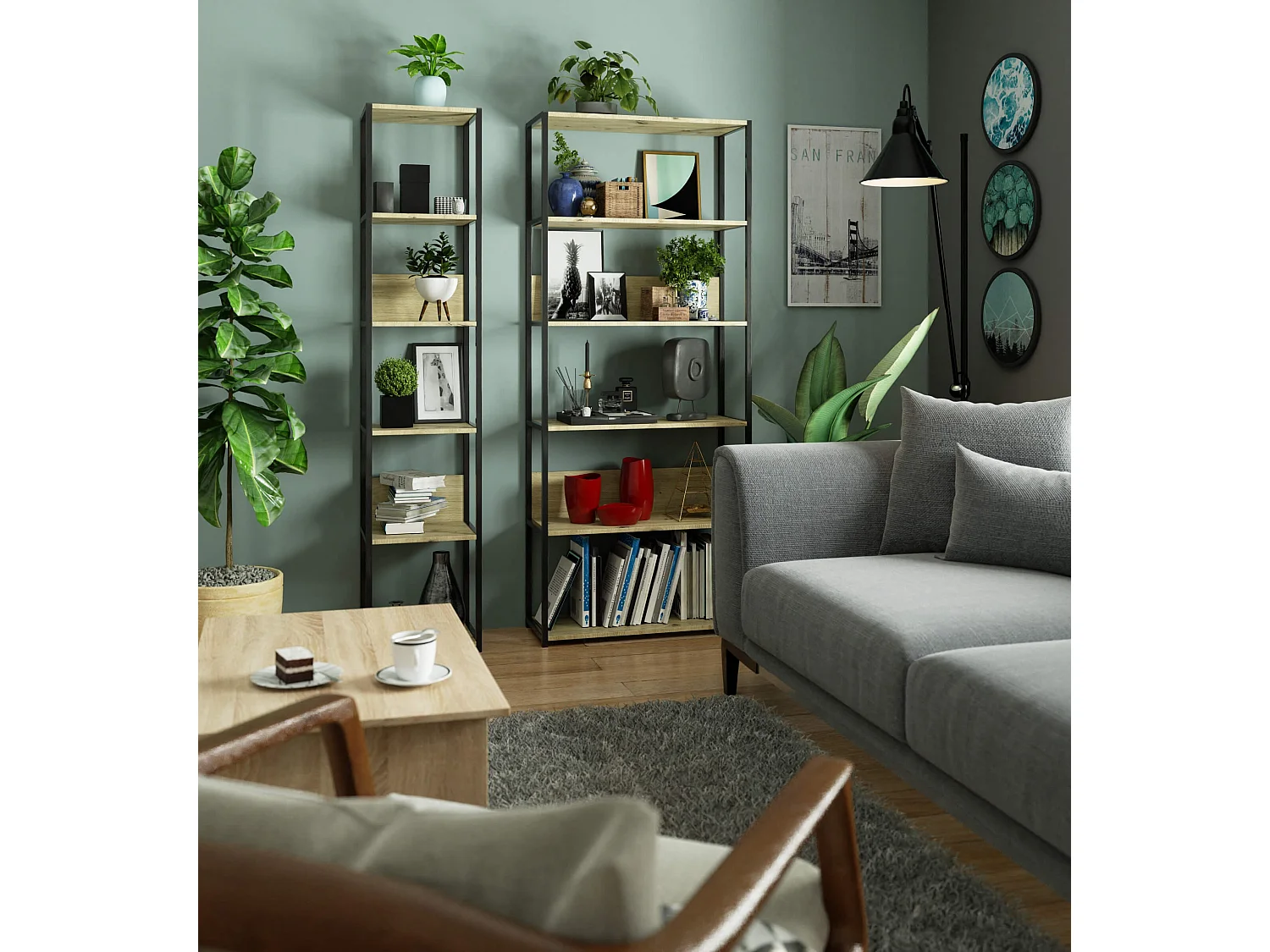 Étagère murale industrielle AKORD Noire - Chêne Artisan 80 cm 6 étagères 80x32x192 cm