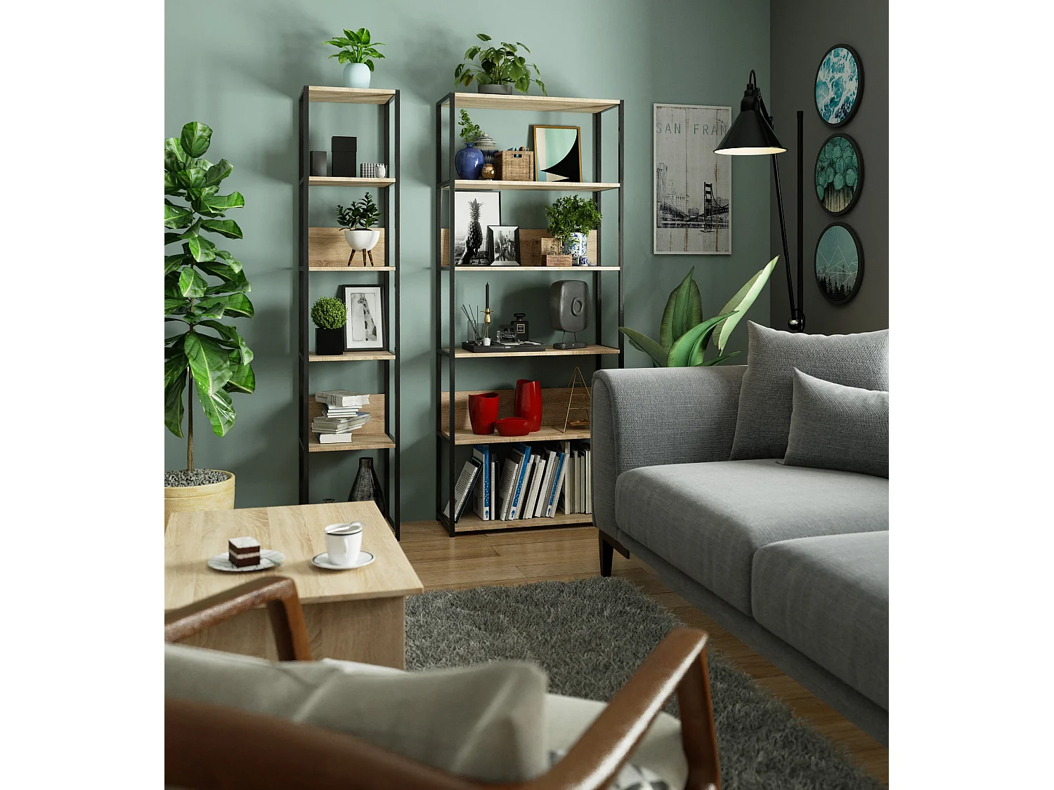 Scaffale stilo loft con ripiani in legno 80 cm Nera 80 cm inserto frontale Sonoma Quercia 80x32x192 cm