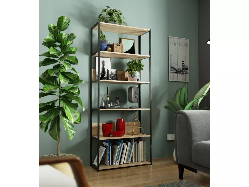 Kauf Unique Bücherregal AKORD Metallregal mit Ebenen aus Holzwerkstoff Schwarz Breite 80 cm 6 Ebenen Sonoma-Eiche B80 x H192 x T32 cm