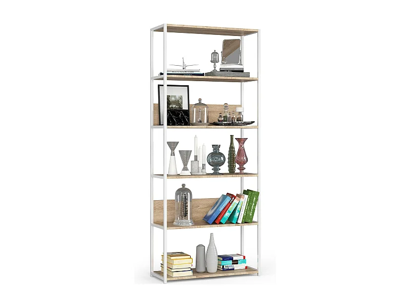 Bücherregal AKORD Metallregal mit Ebenen aus Holzwerkstoff Weiß Breite 80 cm 6 Ebenen Sonoma-Eiche B80 x H192 x T32 cm
