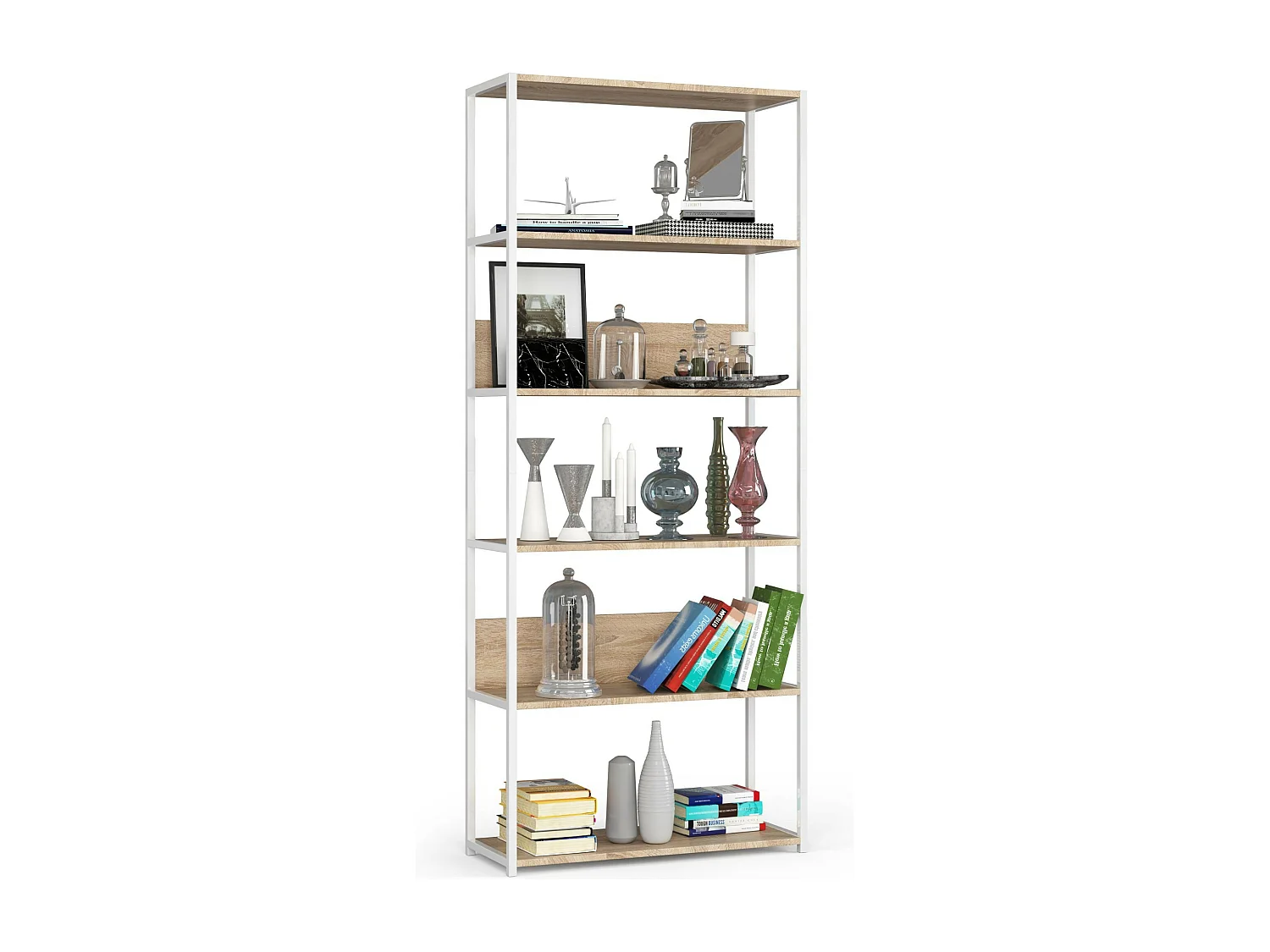 Loft Boekenkast Metaal 80cm - Wit & Sonoma Eiken - 6 Planken