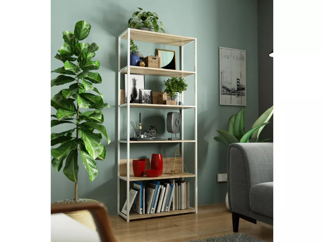 Kauf Unique Bücherregal AKORD Metallregal mit Ebenen aus Holzwerkstoff Weiß Breite 80 cm 6 Ebenen Sonoma-Eiche B80 x H192 x T32 cm