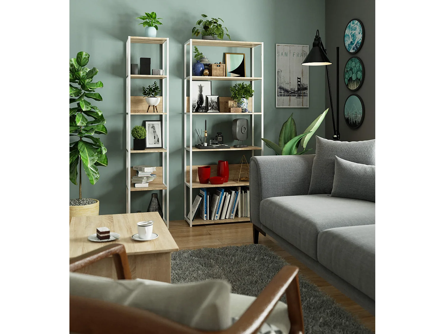 Open Boekenkast, Ladderkast, Loft Design / Metalen Vakkenkast met 6 Planken / Opbergplank / Boekenrek Opslagrek / Wit - Sonoma Eik / 80 x 192 x 32 cm