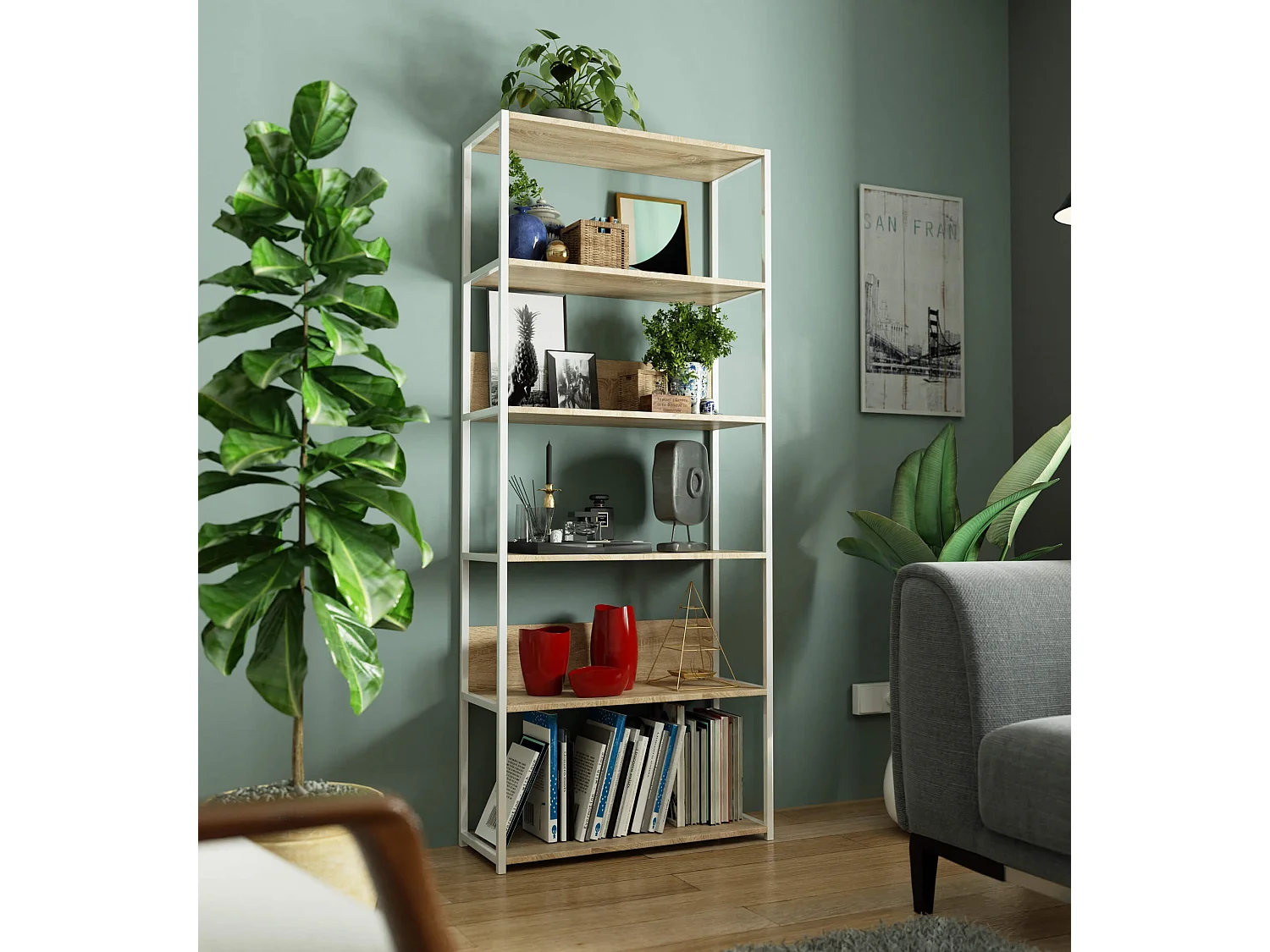 Open Boekenkast, Ladderkast, Loft Design / Metalen Vakkenkast met 6 Planken / Opbergplank / Boekenrek Opslagrek / Wit - Sonoma Eik / 80 x 192 x 32 cm