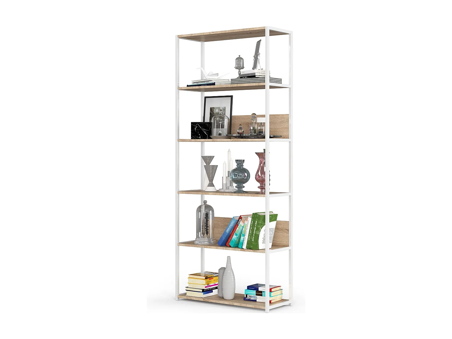 Scaffale stilo loft con ripiani in legno 80 cm Bianca 80 cm inserto frontale Sonoma Quercia 80x32x192 cm