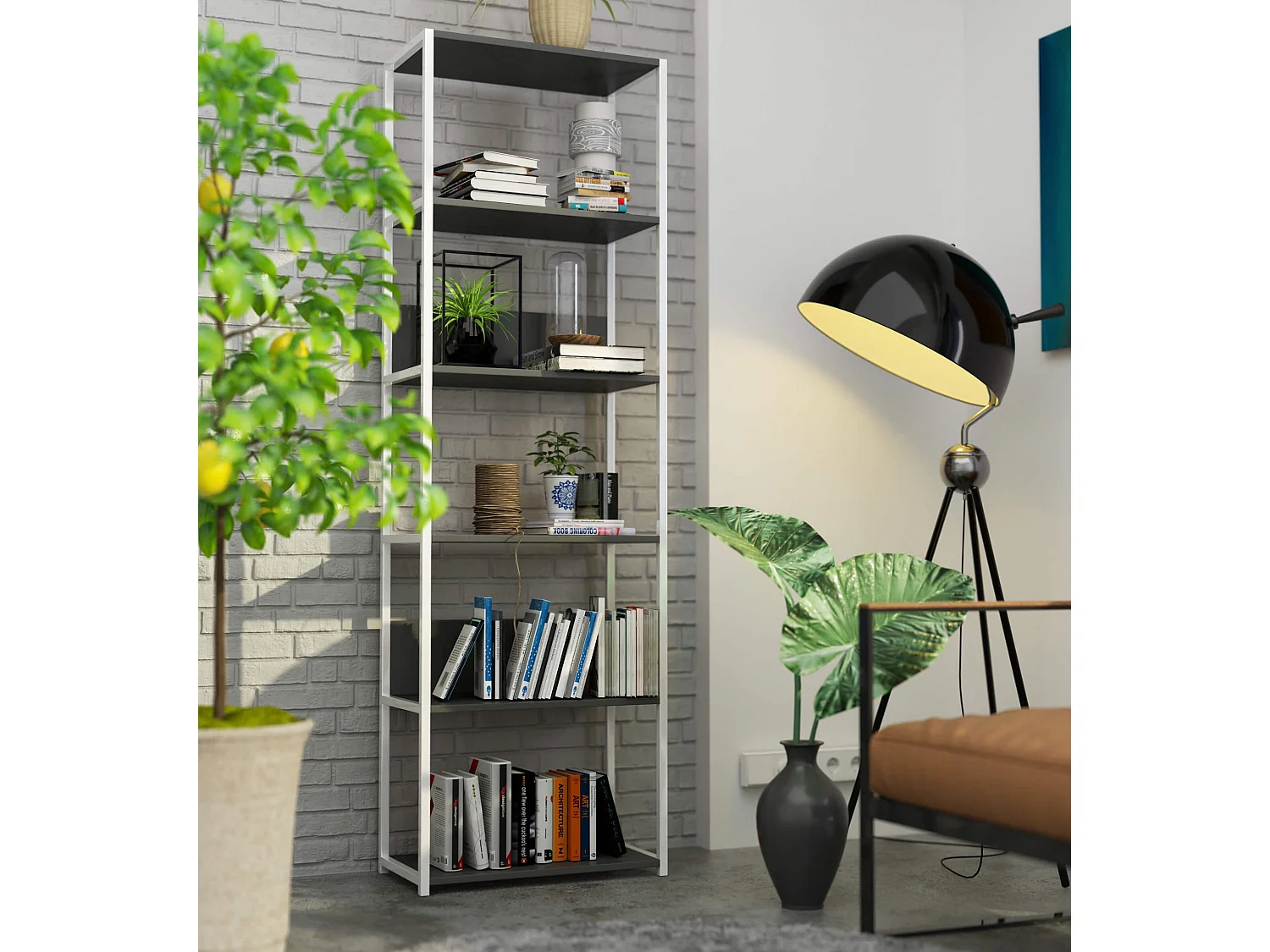 Scaffale stilo loft con ripiani in legno 60 cm Bianca 60 cm inserto frontale Grigio 60x32x192 cm