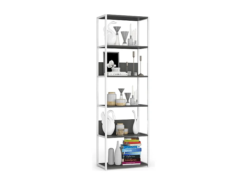 Open Boekenkast, Ladderkast, Loft Design / Metalen Vakkenkast met 6 Planken / Opbergplank / Boekenrek Opslagrek / Wit - Grafietgrijs / 60 x 192 x 32 cm