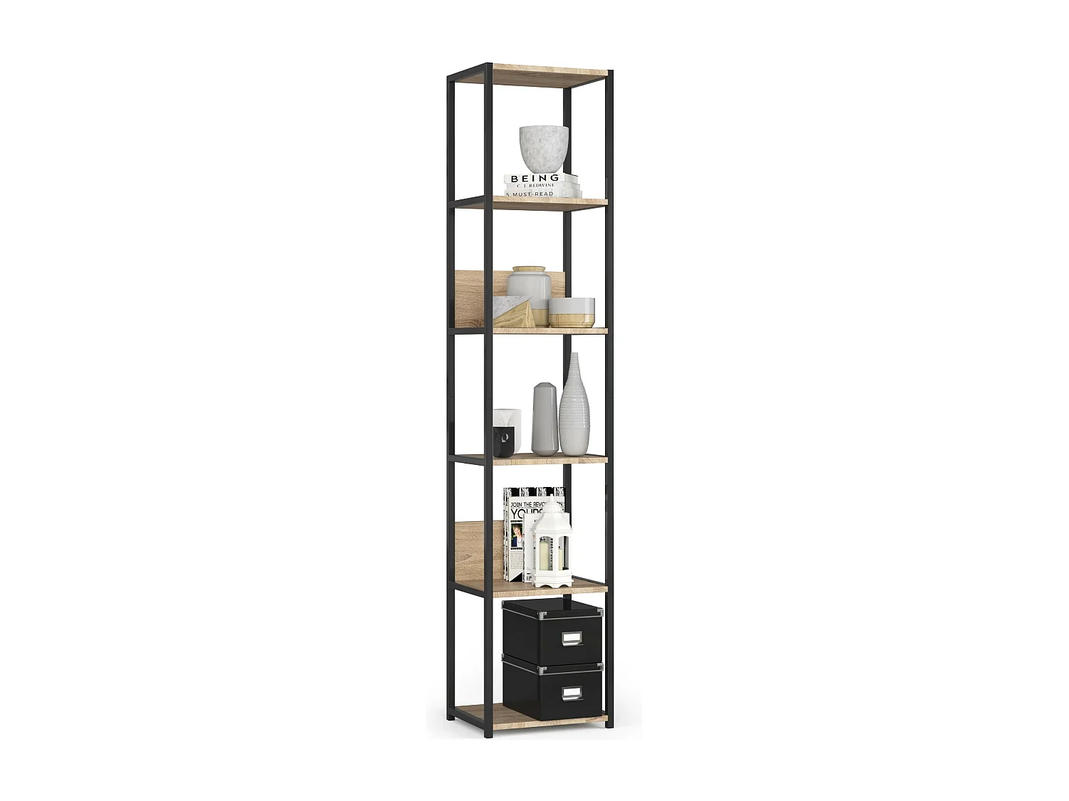 Loft Stijl Vrijstaande Metalen Boekenkast 40cm - Zwart en Sonoma Eiken - 6 Planken