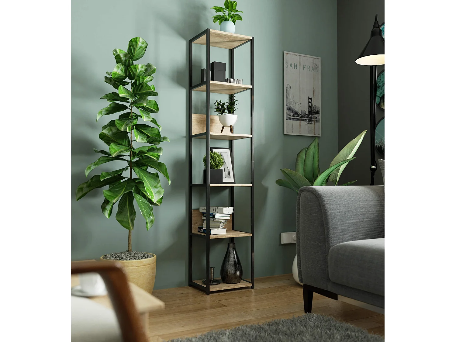 Open Boekenkast, Ladderkast, Loft Design / Metalen Vakkenkast met 6 Planken / Opbergplank / Boekenrek Opslagrek / Zwart - Sonoma Eik / 40 x 192 x 32 cm