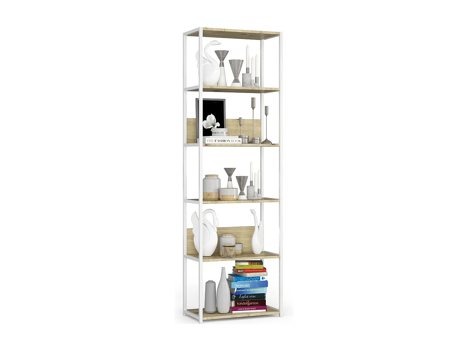 Bücherregal AKORD Metallregal mit Ebenen aus Holzwerkstoff Weiß Breite 60 cm 6 Ebenen Eiche Artisan B60 x H192 x T32 cm