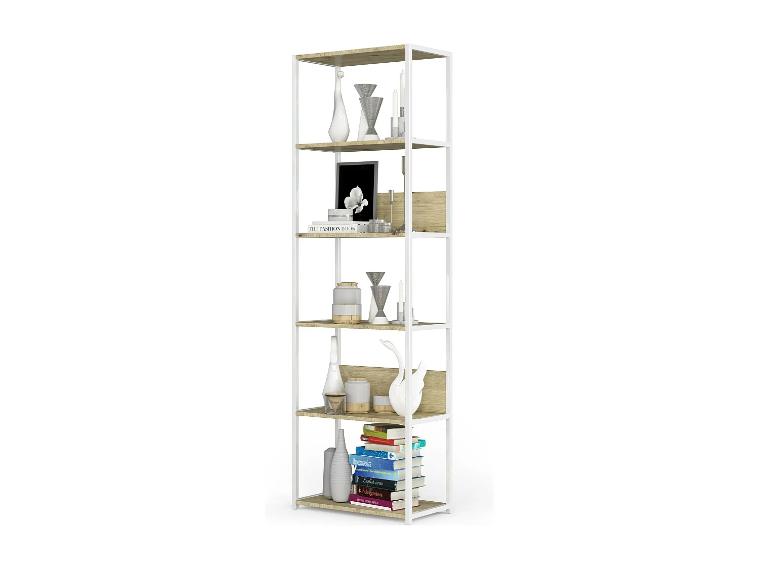 Bücherregal AKORD Metallregal mit Ebenen aus Holzwerkstoff Weiß Breite 60 cm 6 Ebenen Eiche Artisan B60 x H192 x T32 cm