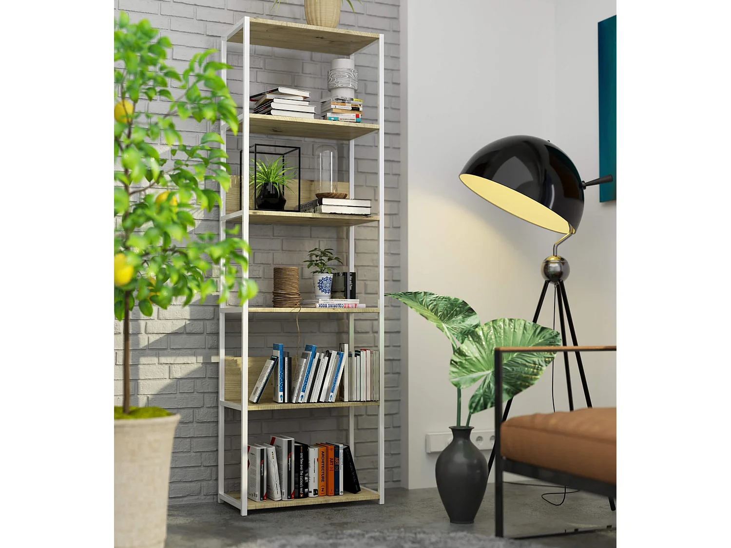 Bücherregal AKORD Metallregal mit Ebenen aus Holzwerkstoff Weiß Breite 60 cm 6 Ebenen Eiche Artisan B60 x H192 x T32 cm