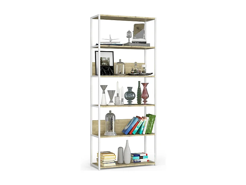 Bücherregal AKORD Metallregal mit Ebenen aus Holzwerkstoff Weiß Breite 80 cm 6 Ebenen Eiche Artisan B80 x H192 x T32 cm