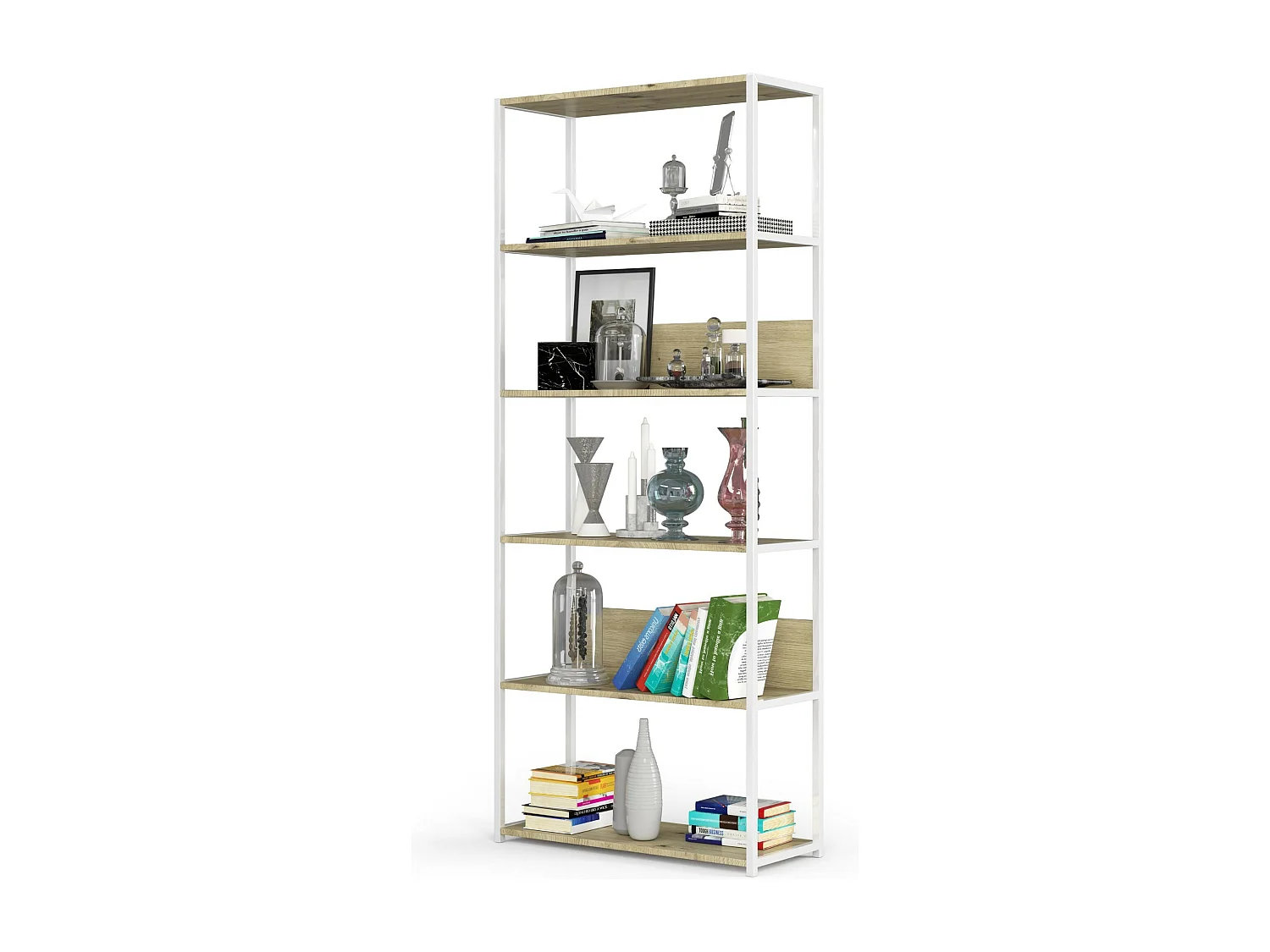 Loft Boekenkast Metaal 80cm Wit en Eik Artisan - Industrieel Design, Vrijstaand, 6 Planken, Modern Stijl, Voor Zelfmontage