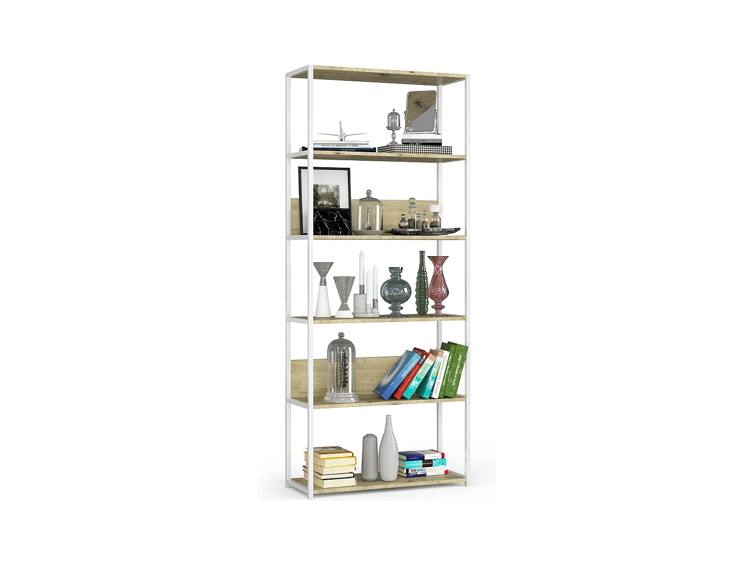 Scaffale stilo loft con ripiani in legno 80 cm Bianca 80 cm inserto frontale Quercia Artisan 80x32x192 cm