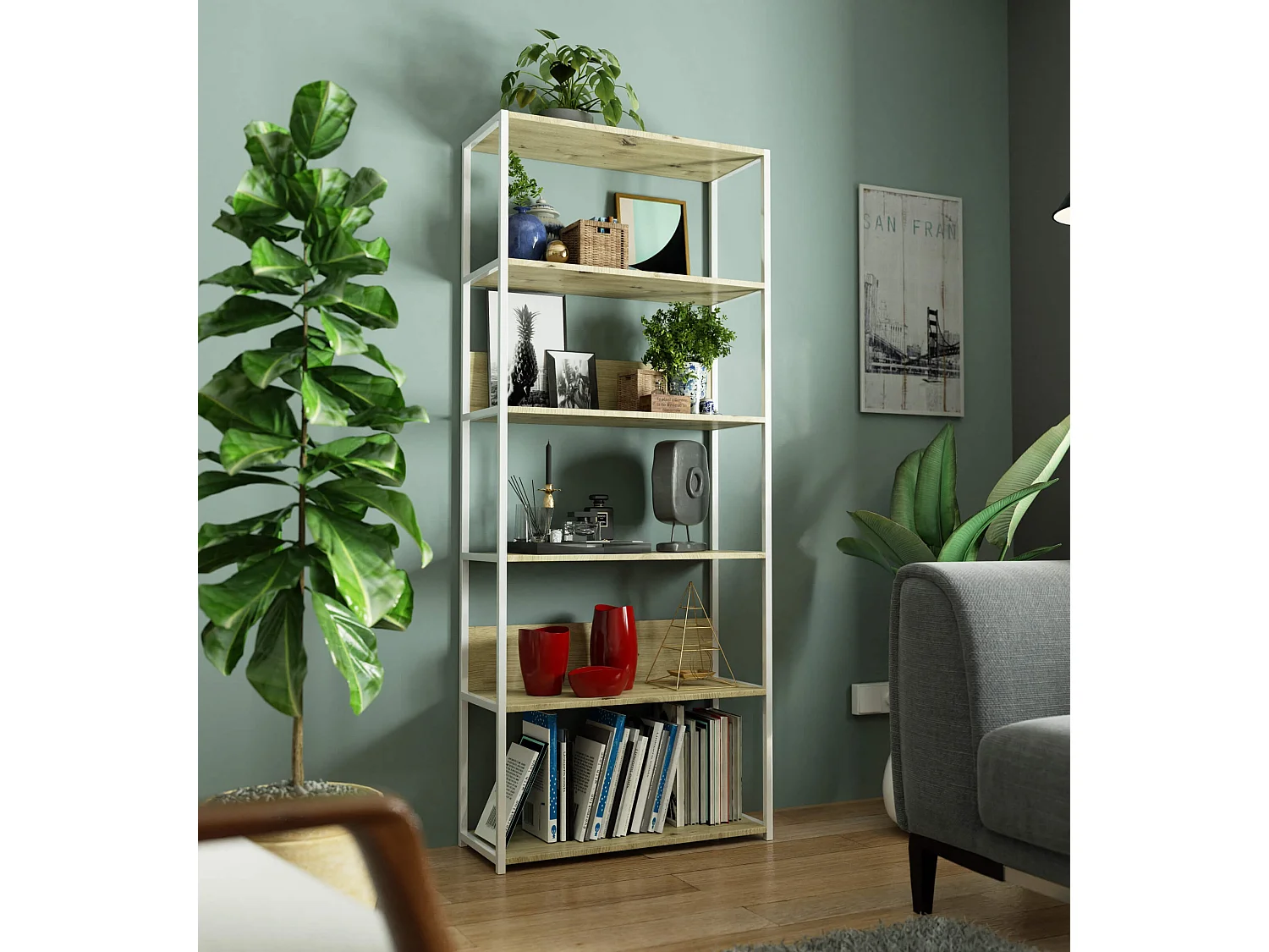 Open Boekenkast, Ladderkast, Loft Design / Metalen Vakkenkast met 6 Planken / Opbergplank / Boekenrek Opslagrek / Wit - Artisan Eik / 80 x 192 x 32 cm