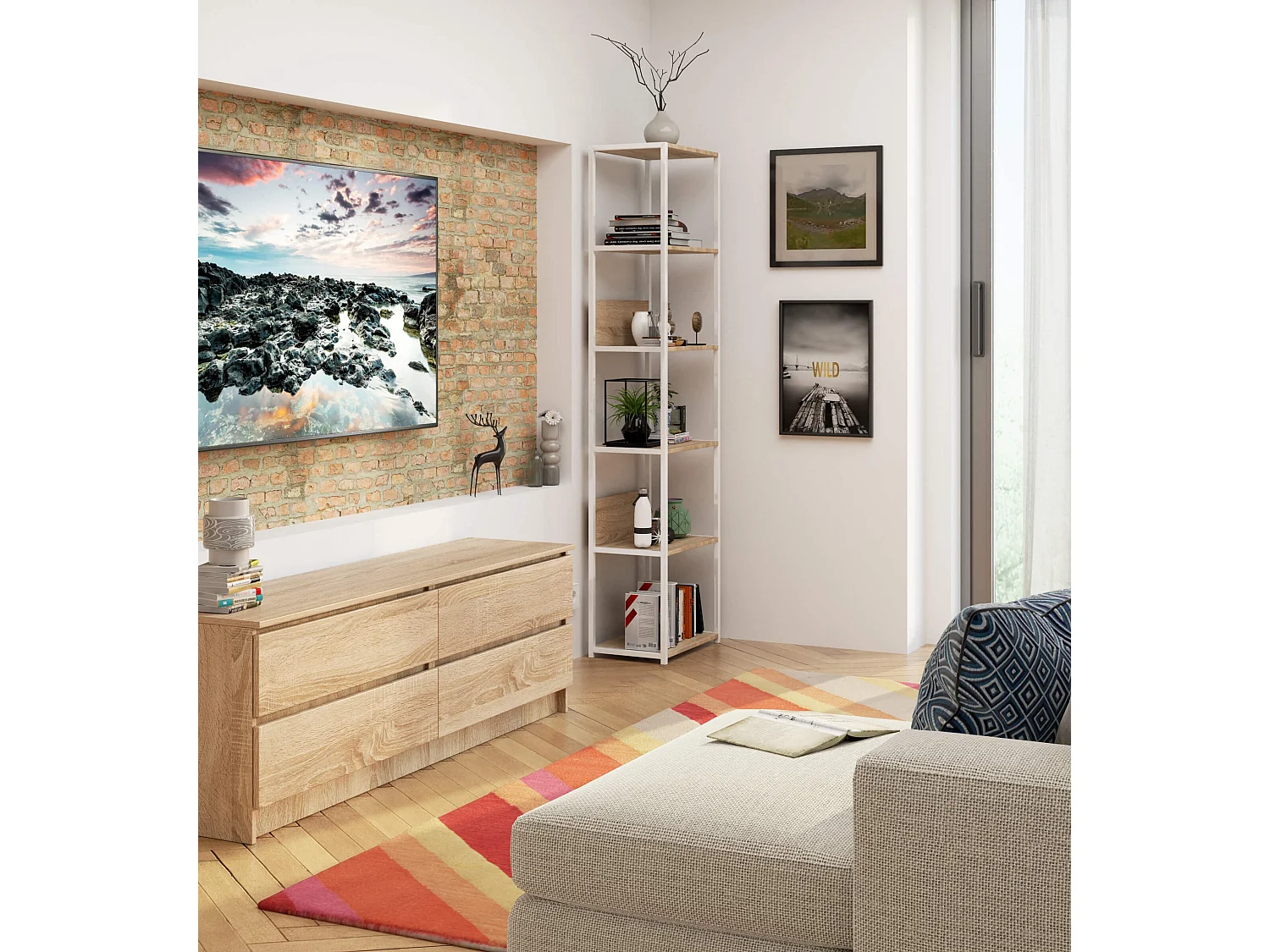 Regał loft AKORD metalowy Biały 50 cm kolor Dąb Sonoma mat 6 półek 50x32x192 cm