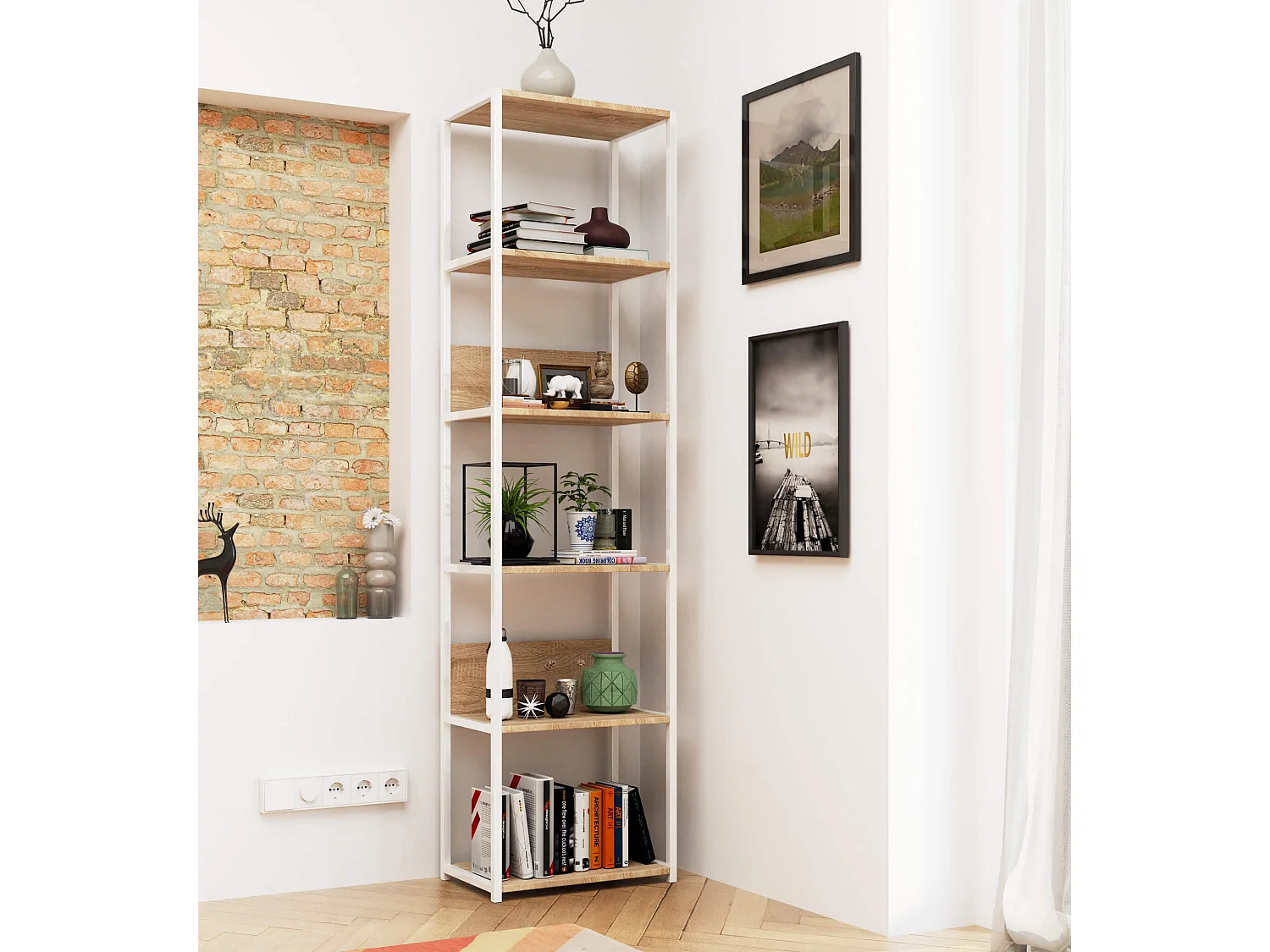Regał loft AKORD metalowy Biały 50 cm kolor Dąb Sonoma mat 6 półek 50x32x192 cm