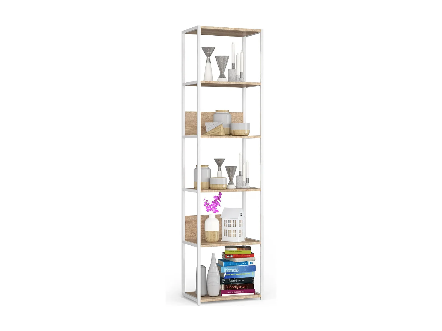 Open Boekenkast, Ladderkast, Loft Design / Metalen Vakkenkast met 6 Planken / Opbergplank / Boekenrek Opslagrek / Wit - Sonoma Eik / 50 x 192 x 32 cm