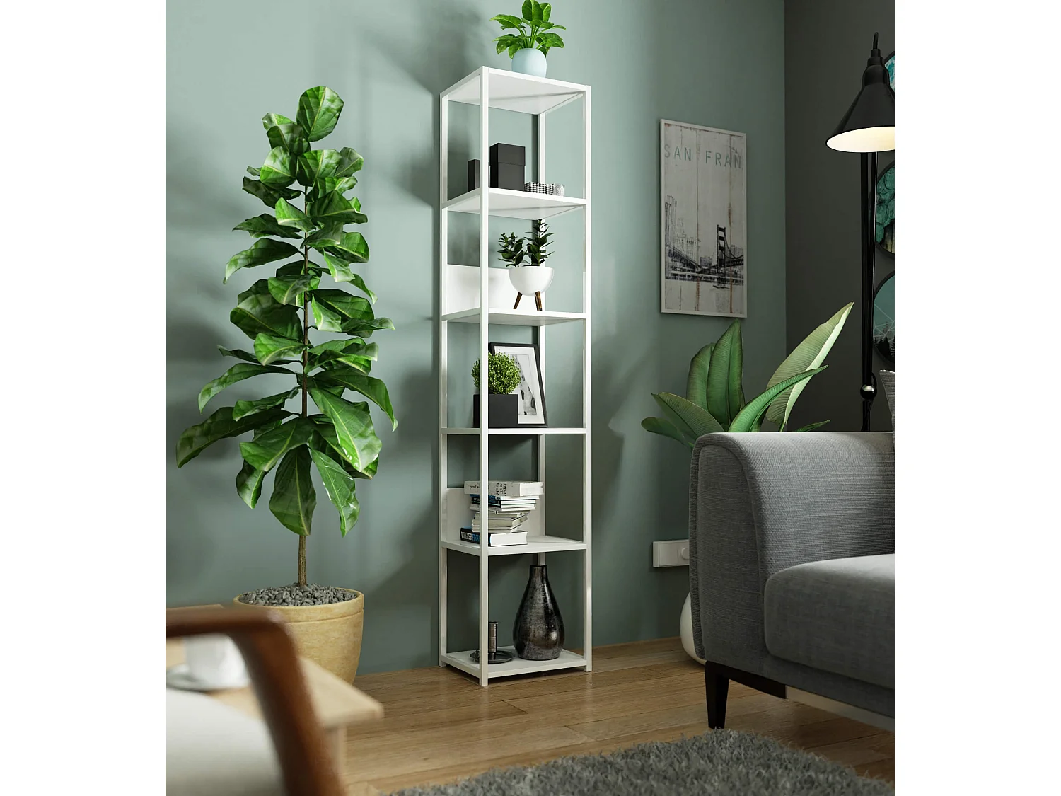 Open Boekenkast, Ladderkast, Loft Design / Metalen Vakkenkast met 6 Planken / Opbergplank / Boekenrek Opslagrek / Wit / 40 x 192 x 32 cm