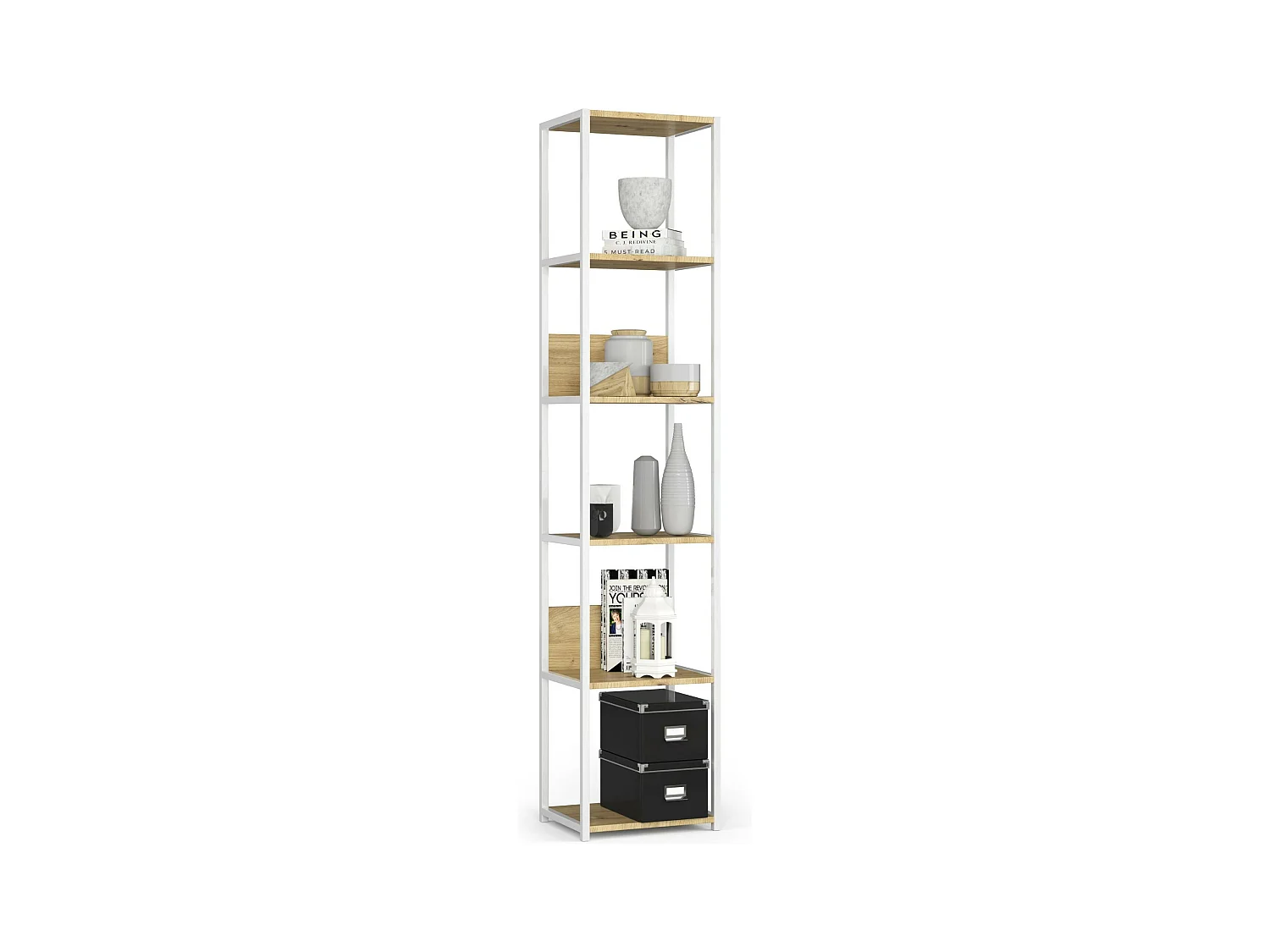 Estantería loft 40 cm AKORD metálica Blanco con 6 estantes en Roble Artisan 40x32x191 cm