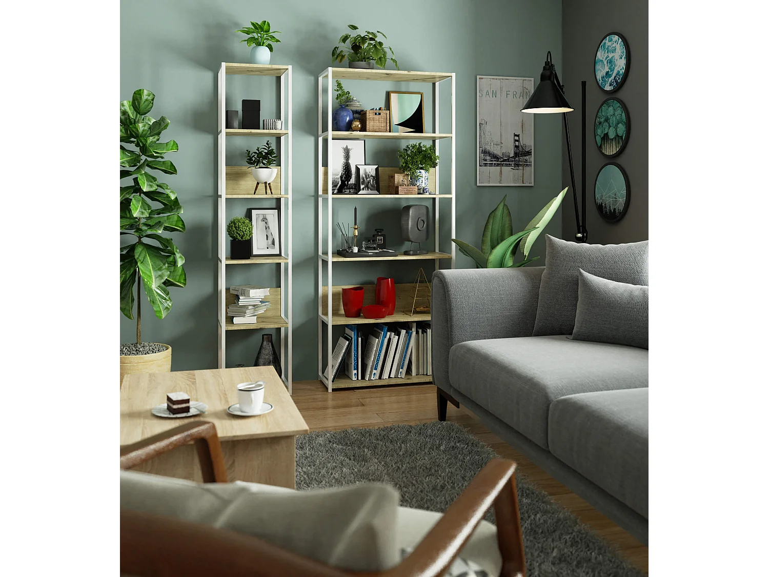 Open Boekenkast, Ladderkast, Loft, Industriel Design / Metalen Vakkenkast met 6 Planken / Opbergplank / Boekenrek Opslagrek / Wit - Artisan Eik / 40 x 192 x 32 cm