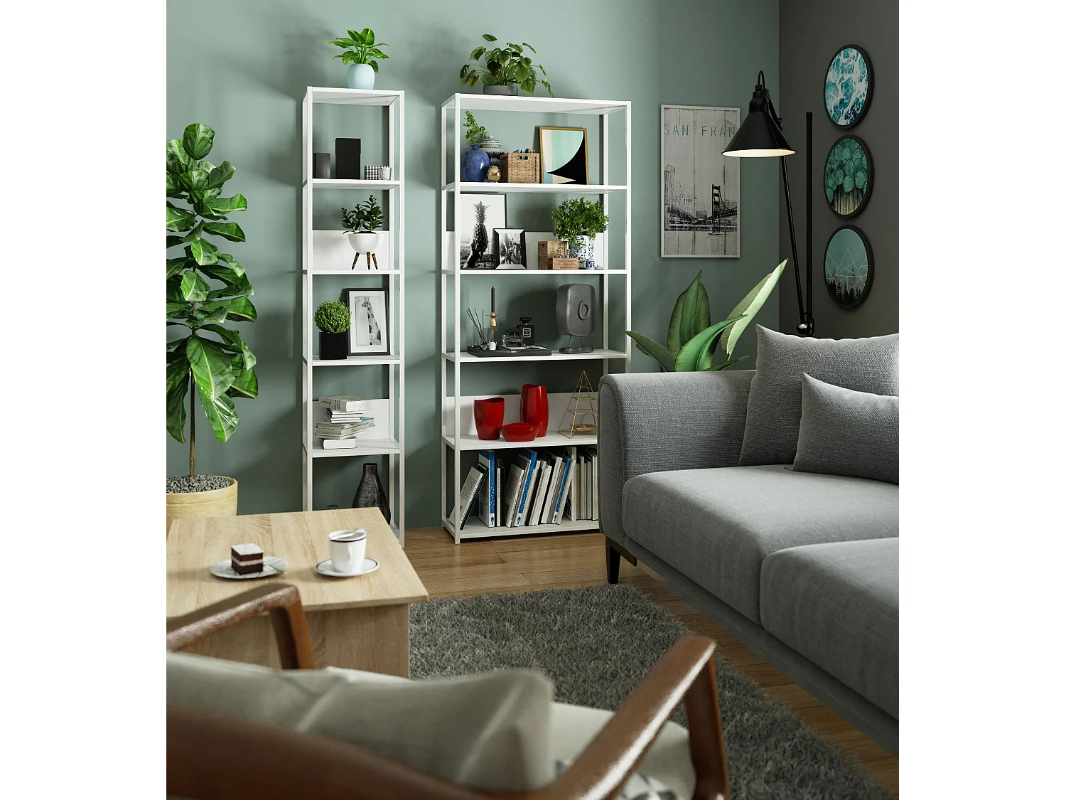 Open Boekenkast, Ladderkast, Loft Design / Metalen Vakkenkast met 6 Planken / Opbergplank / Boekenrek Opslagrek / Wit / 80 x 192 x 32 cm