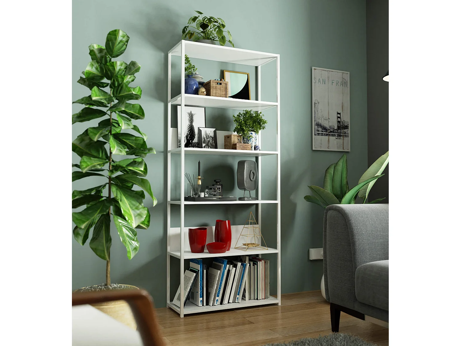 Open Boekenkast, Ladderkast, Loft Design / Metalen Vakkenkast met 6 Planken / Opbergplank / Boekenrek Opslagrek / Wit / 80 x 192 x 32 cm