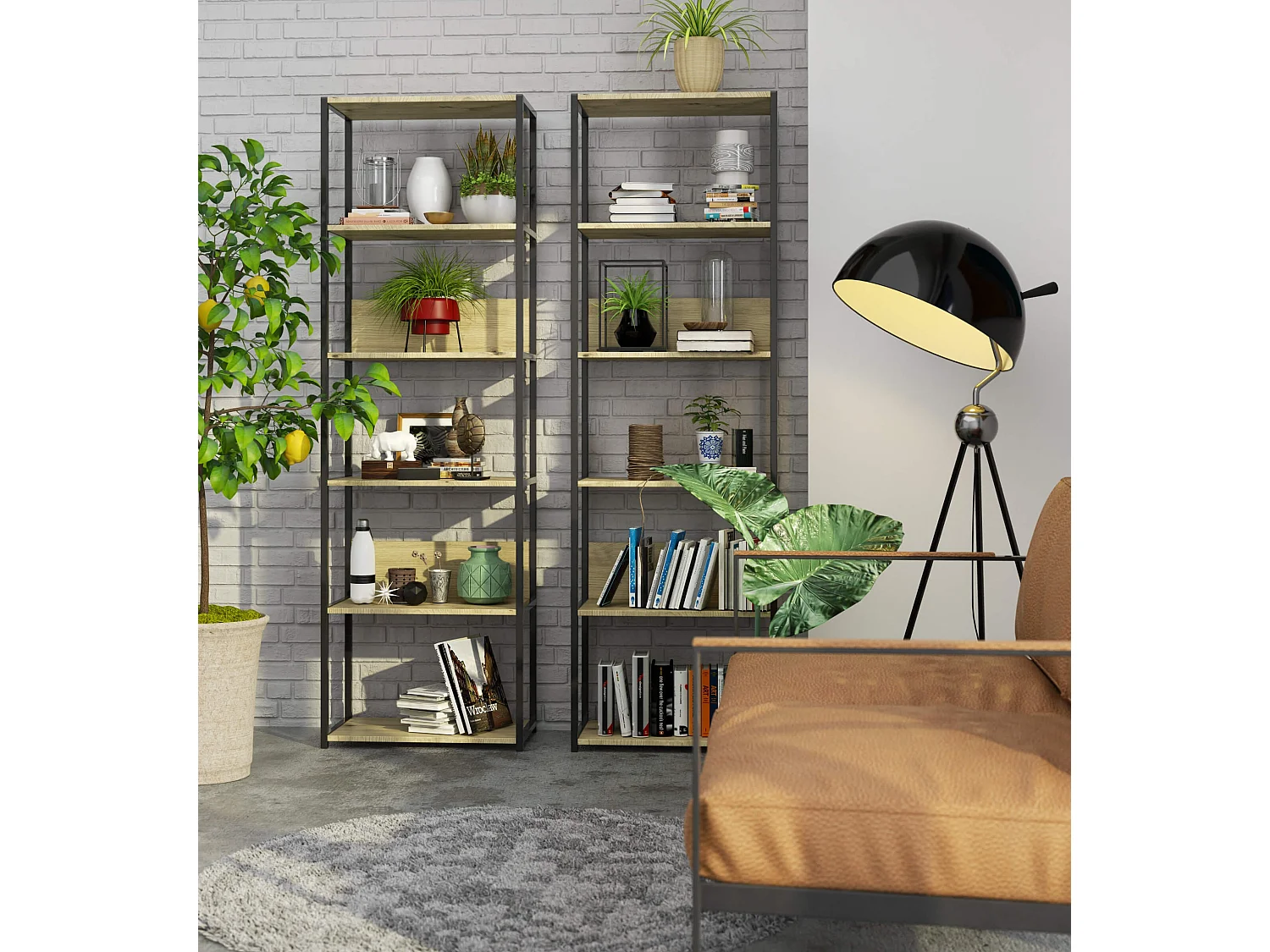 Étagère murale industrielle AKORD Noire - Chêne Artisan 60 cm 6 étagères 60x32x192 cm