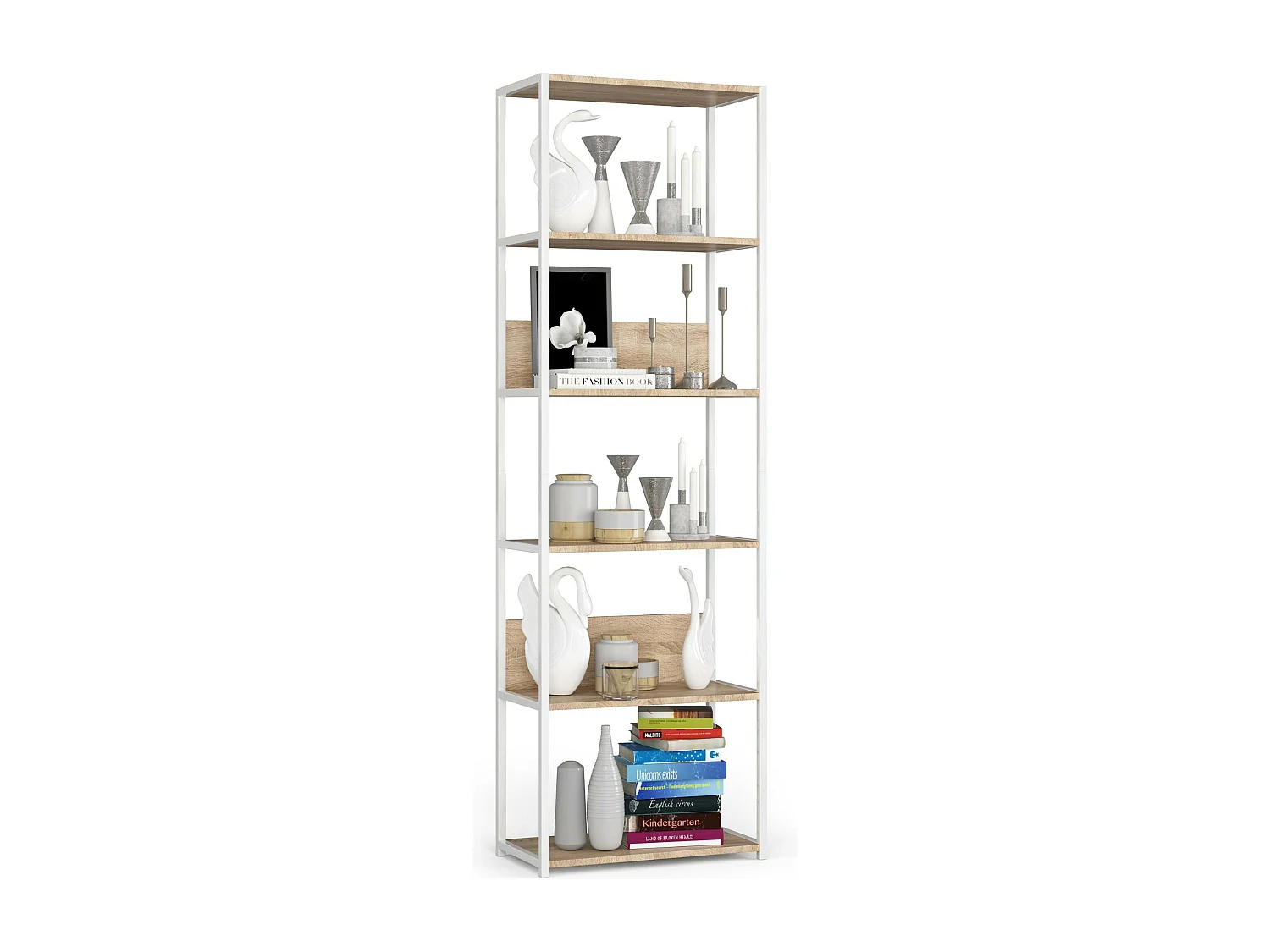 Open Boekenkast, Ladderkast, Loft Design / Metalen Vakkenkast met 6 Planken / Opbergplank / Boekenrek Opslagrek / Wit - Sonoma Eik / 60 x 192 x 32 cm