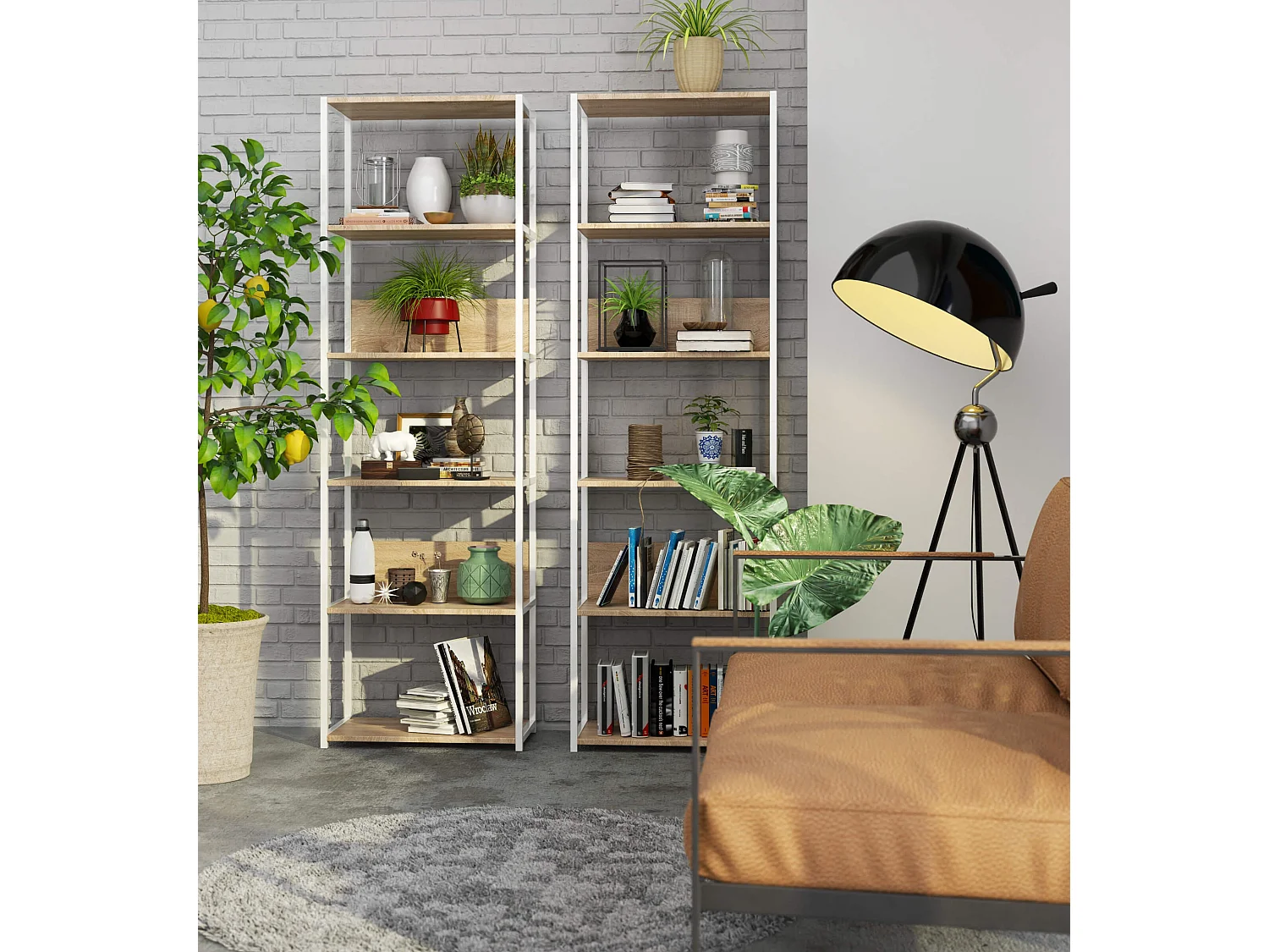 Étagère murale industrielle AKORD Blanche - Chêne Sonoma 60 cm 6 étagères 60x32x192 cm