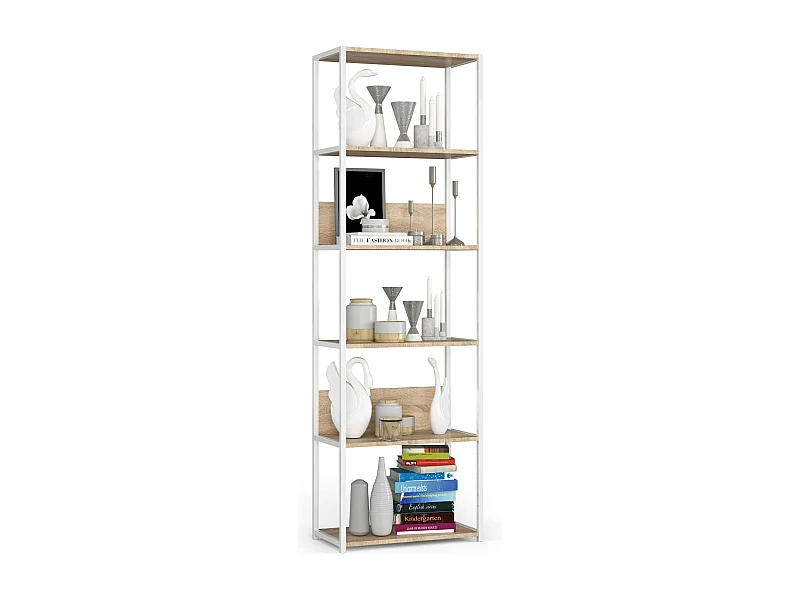 Open Boekenkast, Ladderkast, Loft Design / Metalen Vakkenkast met 6 Planken / Opbergplank / Boekenrek Opslagrek / Wit - Sonoma Eik / 60 x 192 x 32 cm