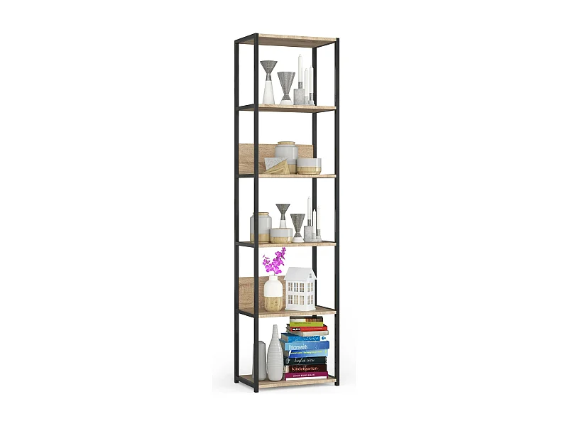 Bücherregal AKORD Metallregal mit Ebenen aus Holzwerkstoff Schwarz Breite 50 cm 6 Ebenen Sonoma-Eiche B50 x H192 x T32 cm