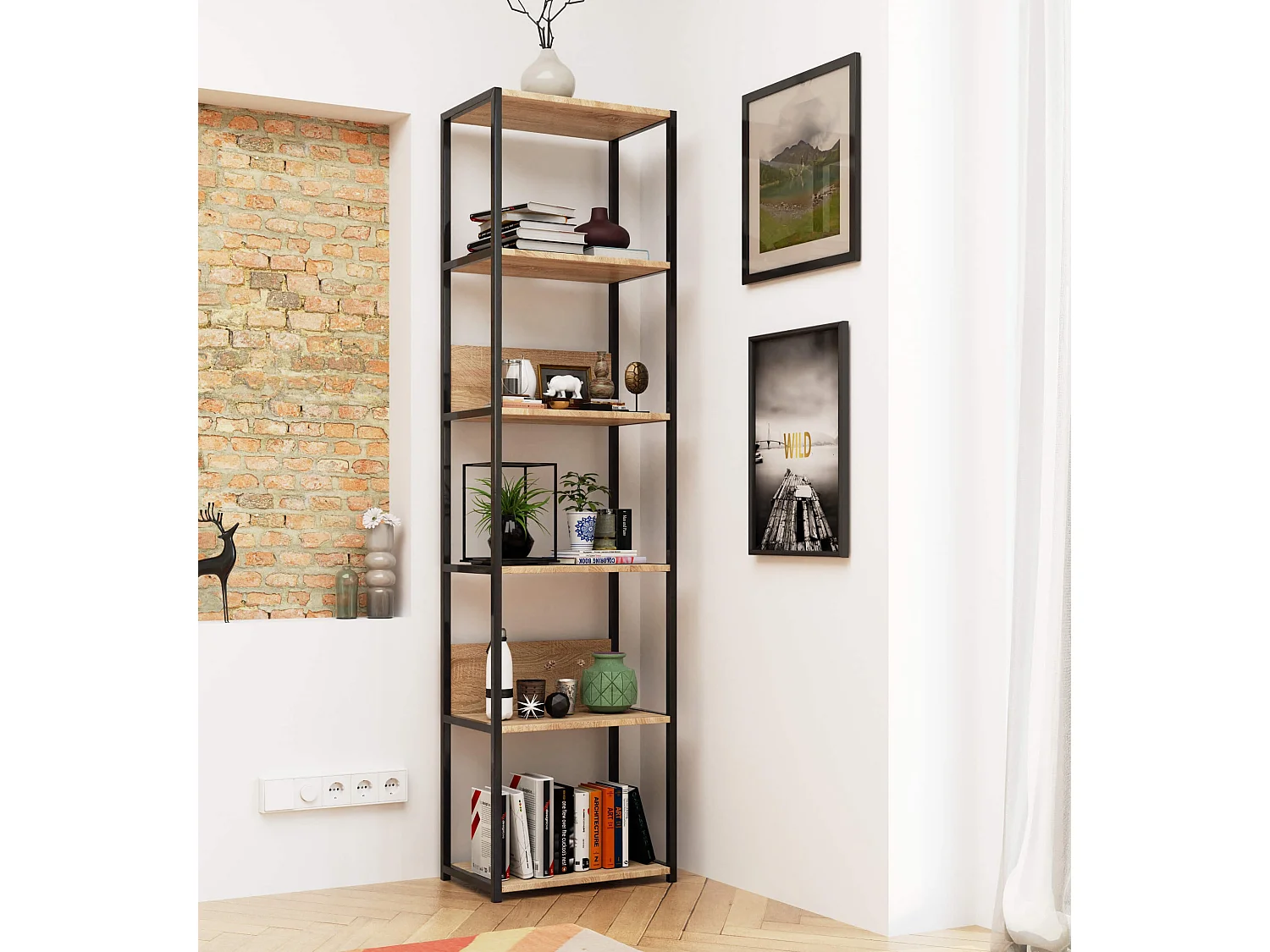 Bücherregal AKORD Metallregal mit Ebenen aus Holzwerkstoff Schwarz Breite 50 cm 6 Ebenen Sonoma-Eiche B50 x H192 x T32 cm