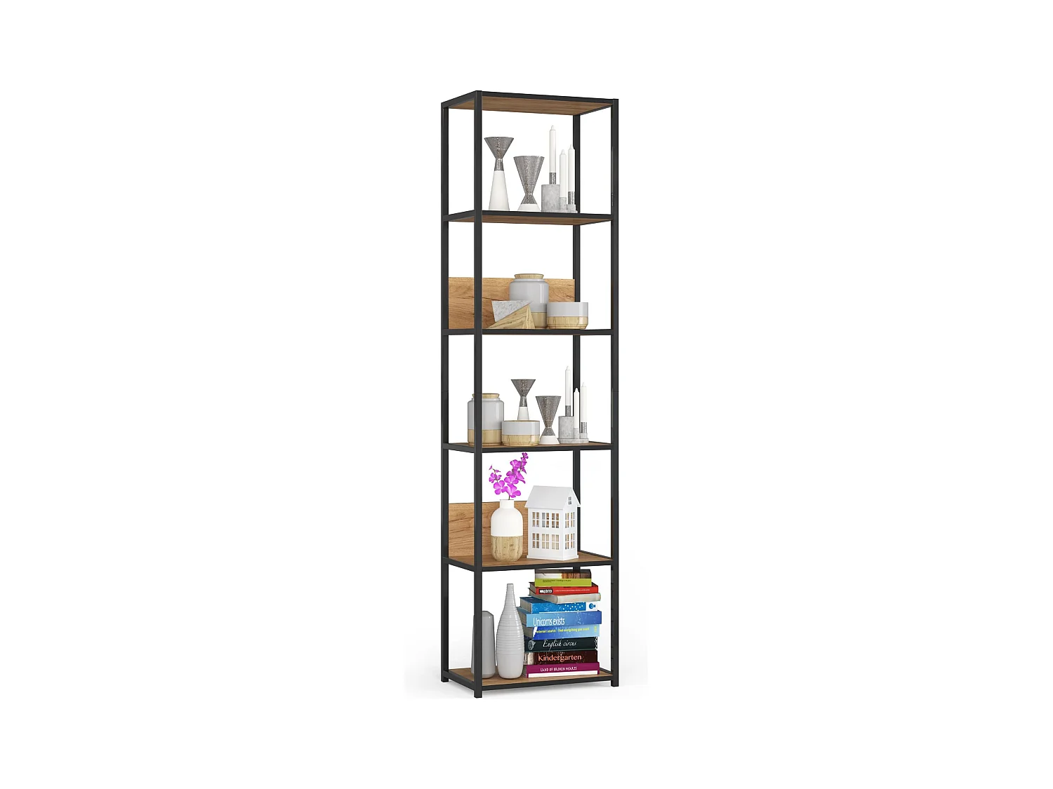 Étagère murale industrielle sur pied AKORD Noire 50 cm façade Chêne Craft 6 étagères 50x32x192 cm