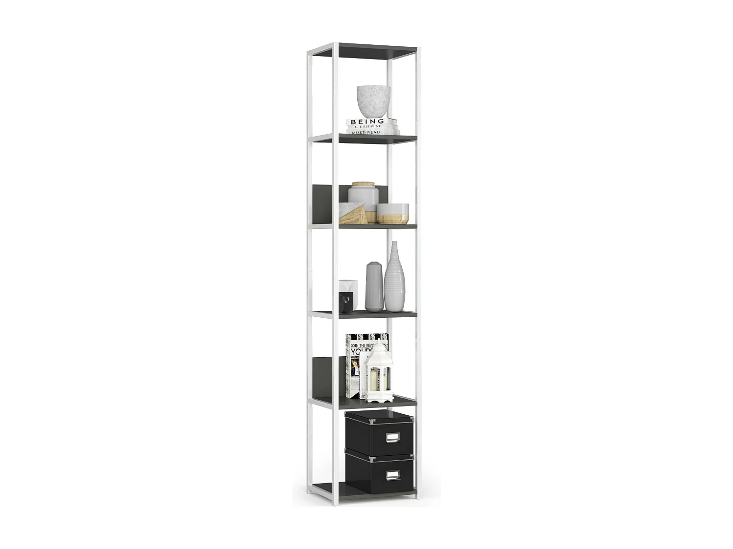 Open Boekenkast, Ladderkast, Loft Design / Metalen Vakkenkast met 6 Planken / Opbergplank / Boekenrek Opslagrek / Wit - Grafietgrijs / 40 x 192 x 32 cm