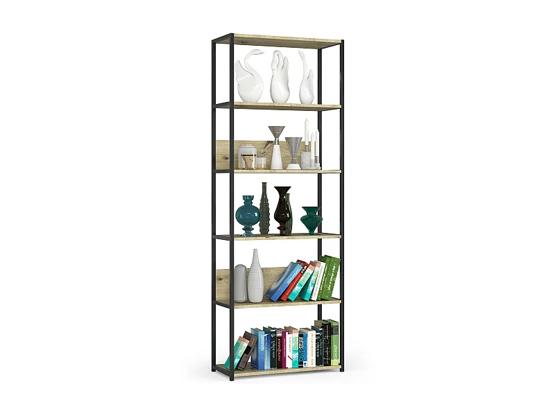 Open Boekenkast, Ladderkast, Loft Design / Metalen Vakkenkast met 6 Planken / Opbergplank / Boekenrek Opslagrek / Zwart - Artisan Eik / 70 x 192 x 32 cm