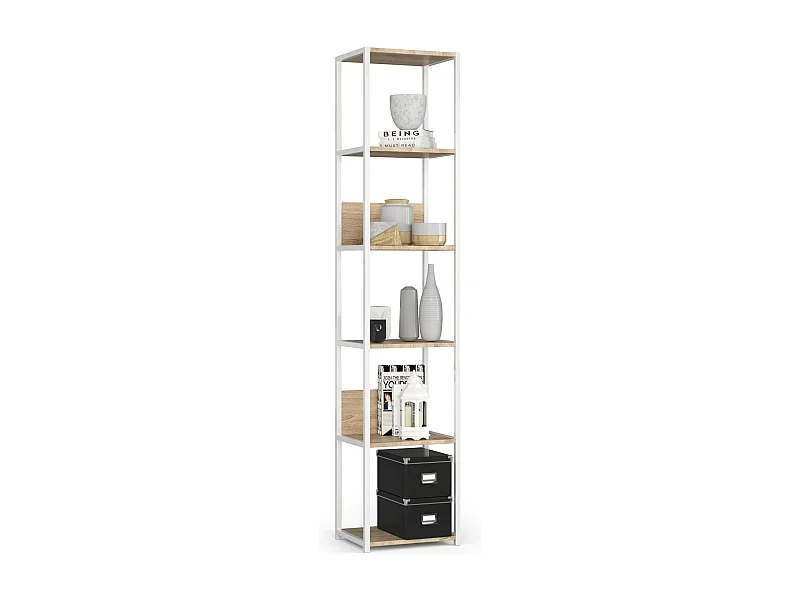 Open Boekenkast, Ladderkast, Loft Design / Metalen Vakkenkast met 6 Planken / Opbergplank / Boekenrek Opslagrek / Wit - Sonoma Eik / 40 x 192 x 32 cm