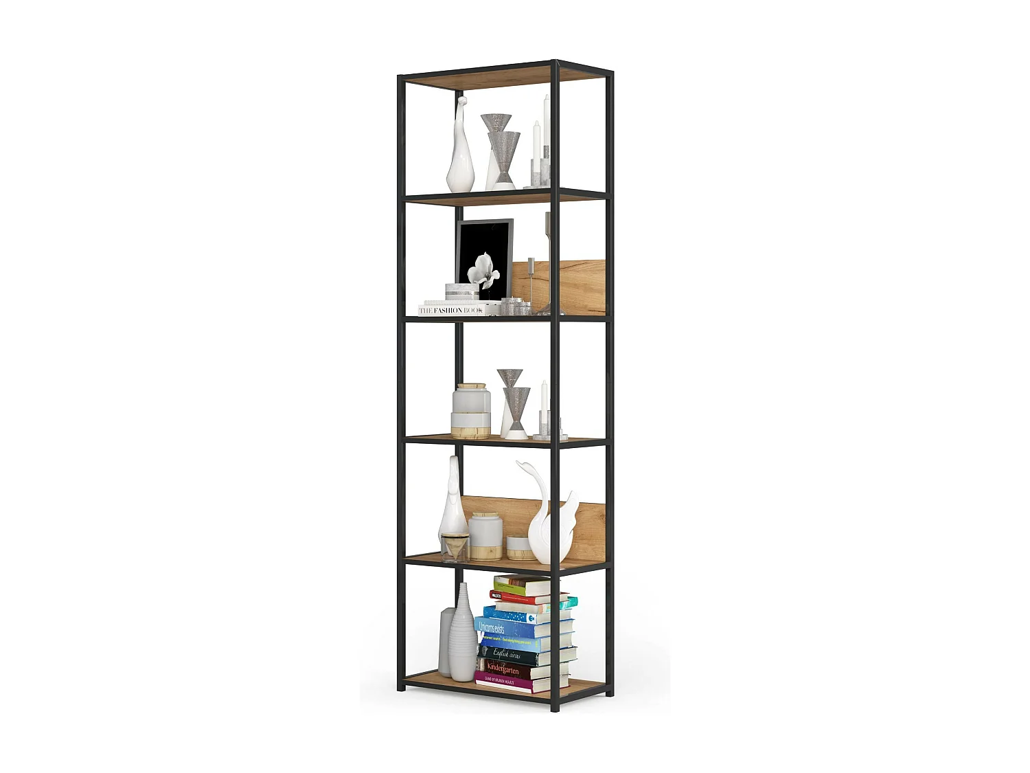 Bücherregal AKORD Metallregal mit Ebenen aus Holzwerkstoff Schwarz Breite 60 cm 6 Ebenen Eiche Craft B60 x H192 x T32 cm