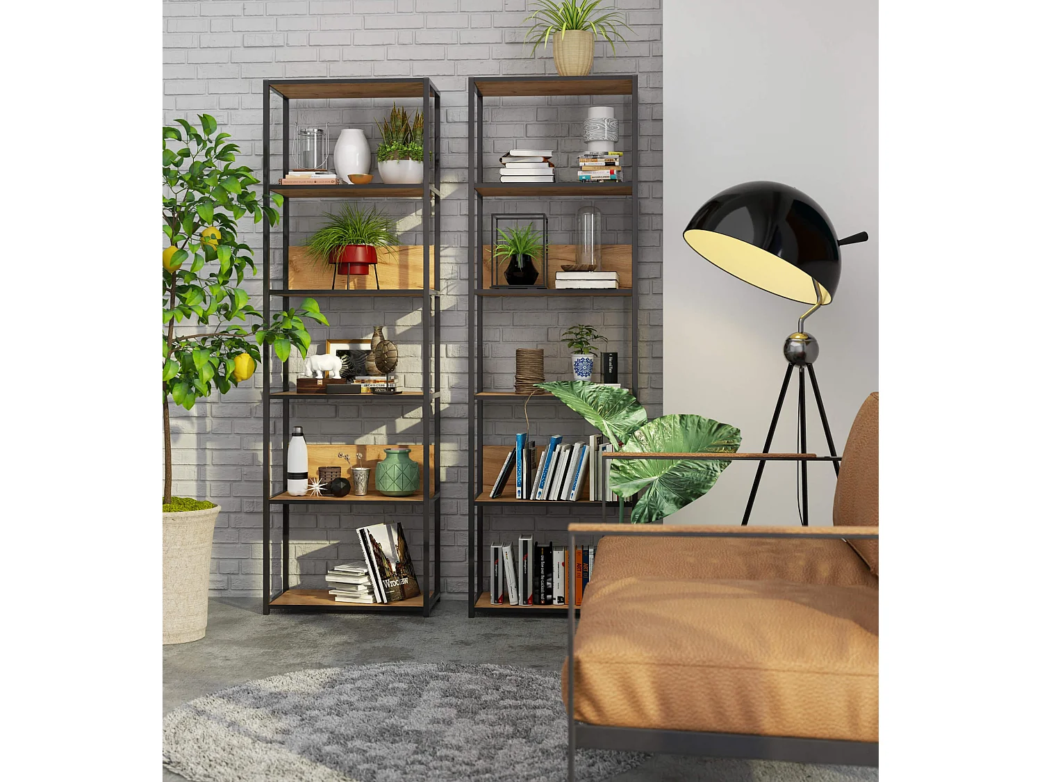 Bücherregal AKORD Metallregal mit Ebenen aus Holzwerkstoff Schwarz Breite 60 cm 6 Ebenen Eiche Craft B60 x H192 x T32 cm