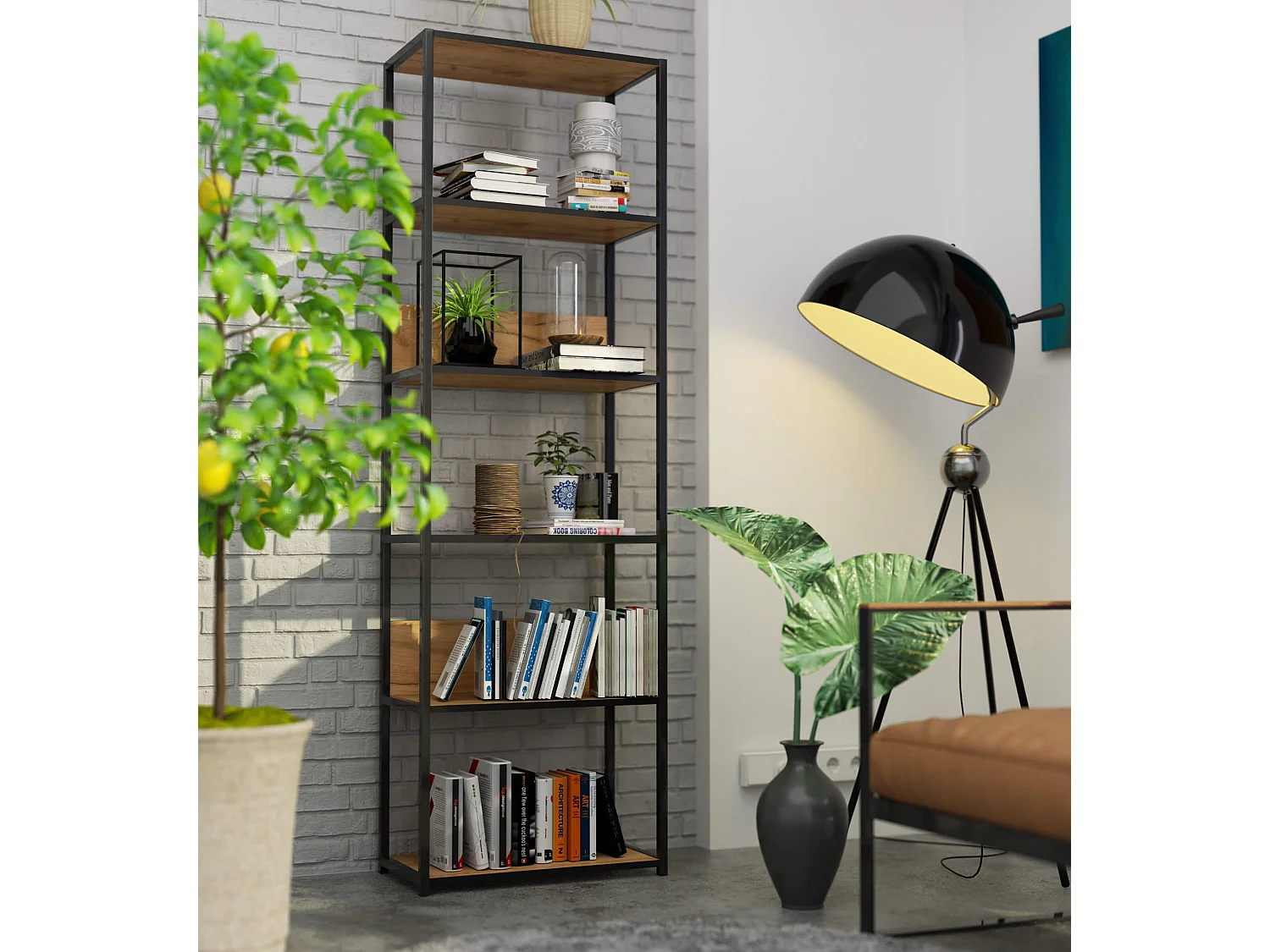 Étagère murale industrielle AKORD Noire - Chêne Craft 60 cm 6 étagères 60x32x192 cm