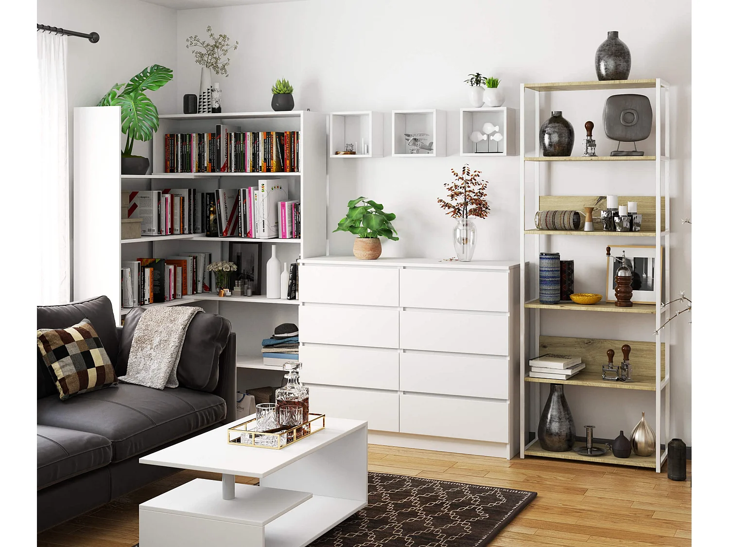 Étagère murale industrielle AKORD Blanche - Chêne Artisan 70 cm 6 étagères 70x32x192 cm